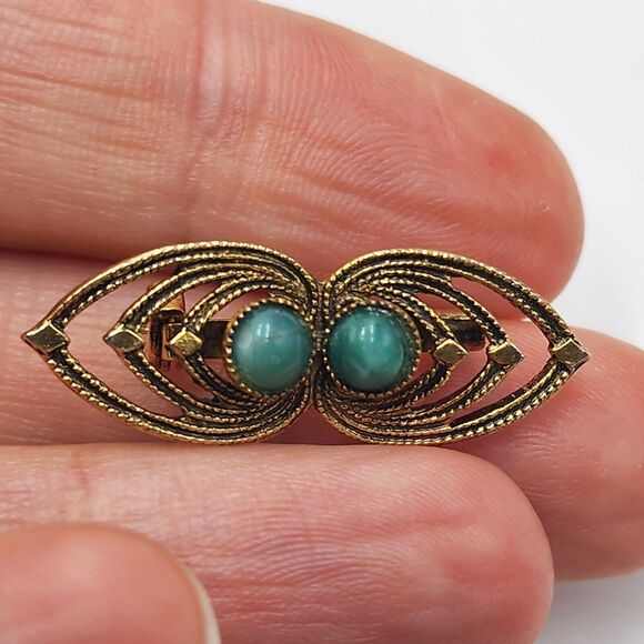 Vintage Long Victorian Revival Bar Brooch Faux Pearl & Faux Turquoise Gold Tone - Picture 2 of 4